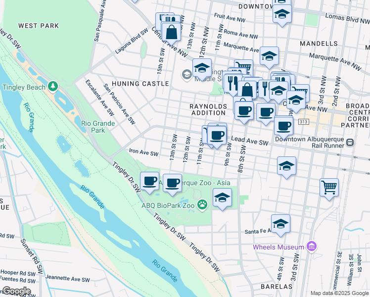map of restaurants, bars, coffee shops, grocery stores, and more near 519 12th Street Southwest in Albuquerque