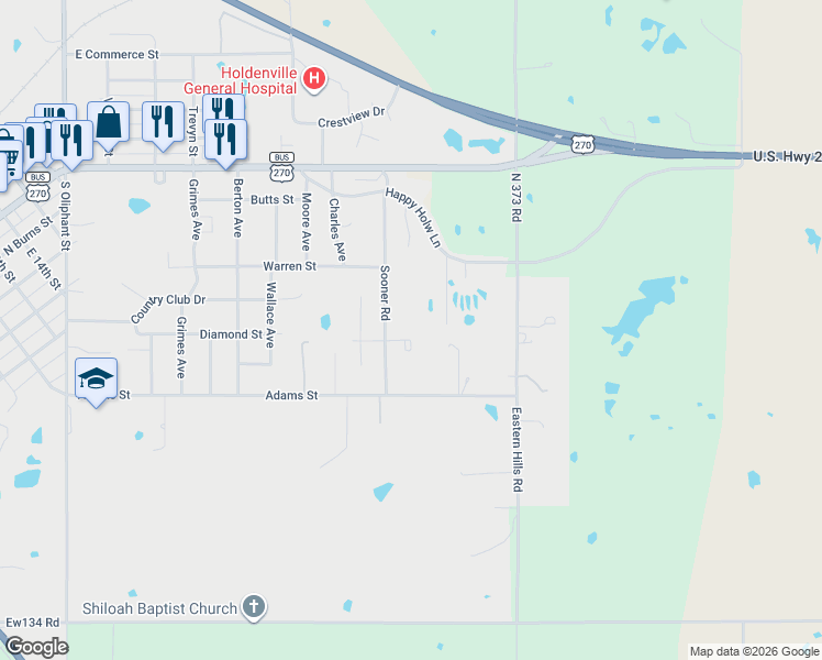 map of restaurants, bars, coffee shops, grocery stores, and more near 100 East Boomer Road in Holdenville