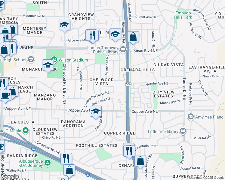 map of restaurants, bars, coffee shops, grocery stores, and more near 13224 Monarch Drive Northeast in Albuquerque