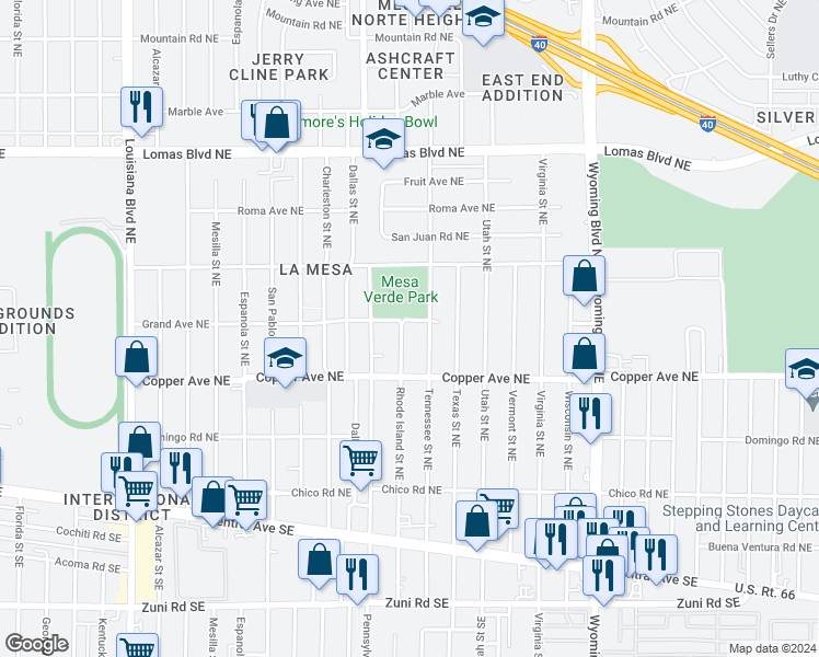 map of restaurants, bars, coffee shops, grocery stores, and more near 500 Tennessee Street Northeast in Albuquerque