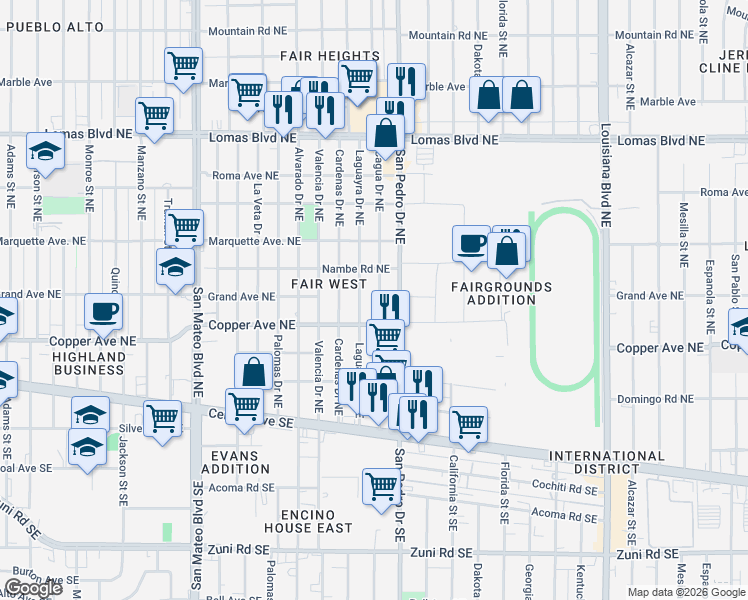 map of restaurants, bars, coffee shops, grocery stores, and more near 328 Cagua Drive Northeast in Albuquerque