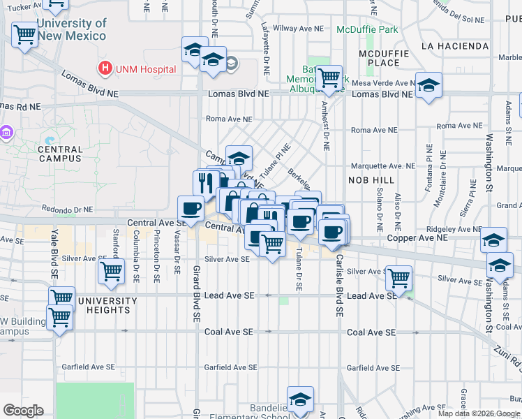 map of restaurants, bars, coffee shops, grocery stores, and more near 3204 Monte Vista Boulevard Northeast in Albuquerque