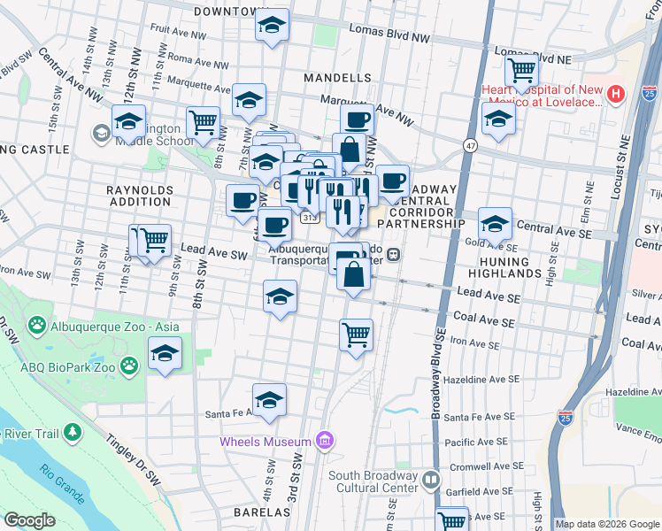 map of restaurants, bars, coffee shops, grocery stores, and more near 344 4th Street Northwest in Albuquerque