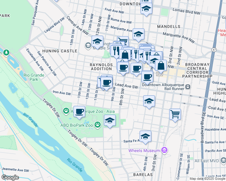 map of restaurants, bars, coffee shops, grocery stores, and more near 920 Lead Avenue Southwest in Albuquerque