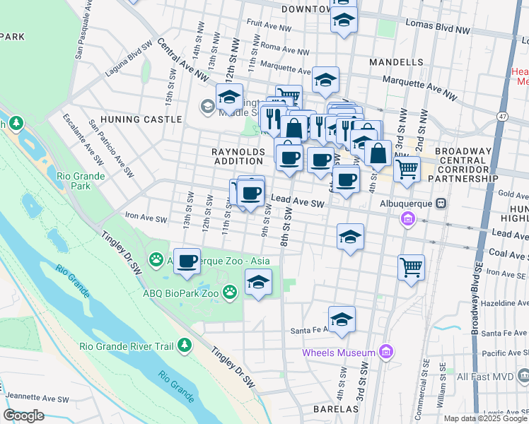 map of restaurants, bars, coffee shops, grocery stores, and more near 920 Lead Avenue Southwest in Albuquerque