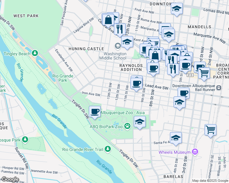 map of restaurants, bars, coffee shops, grocery stores, and more near 519 12th Street Southwest in Albuquerque