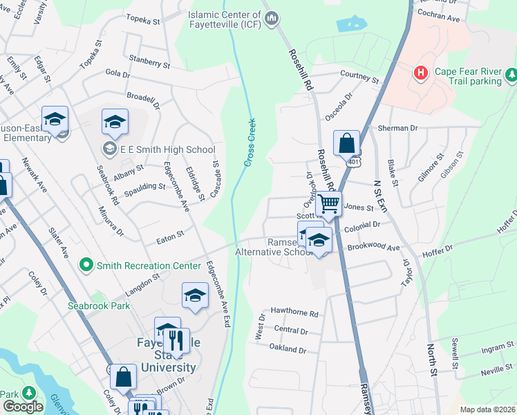 map of restaurants, bars, coffee shops, grocery stores, and more near 1815 Powatan Street in Fayetteville