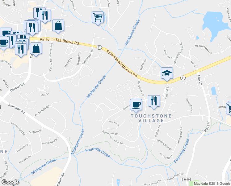 map of restaurants, bars, coffee shops, grocery stores, and more near 6418 Fishers Pond Drive in Charlotte