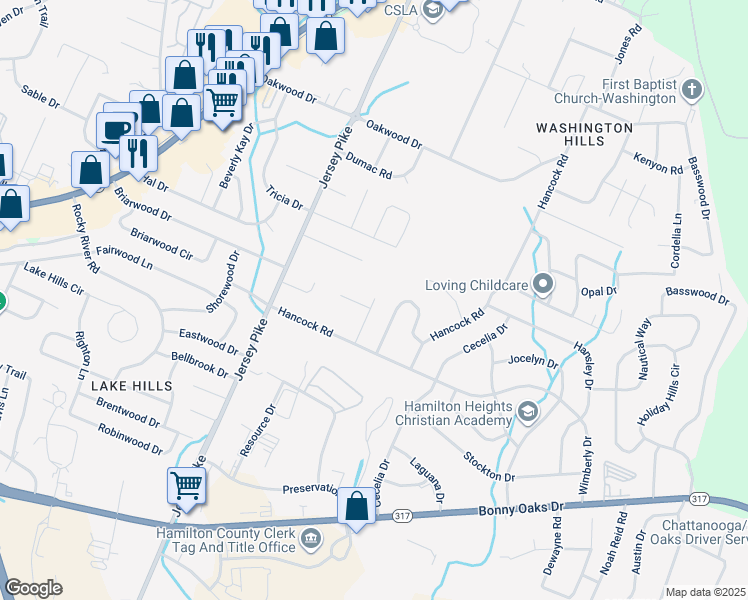 map of restaurants, bars, coffee shops, grocery stores, and more near 4527 Tomben Lane in Chattanooga