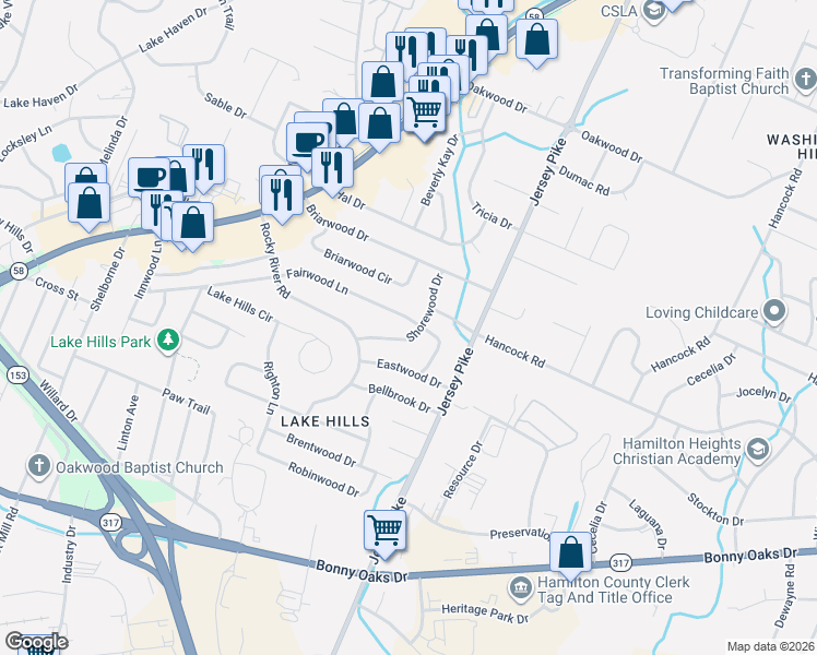 map of restaurants, bars, coffee shops, grocery stores, and more near 4731 Fairwood Lane in Chattanooga