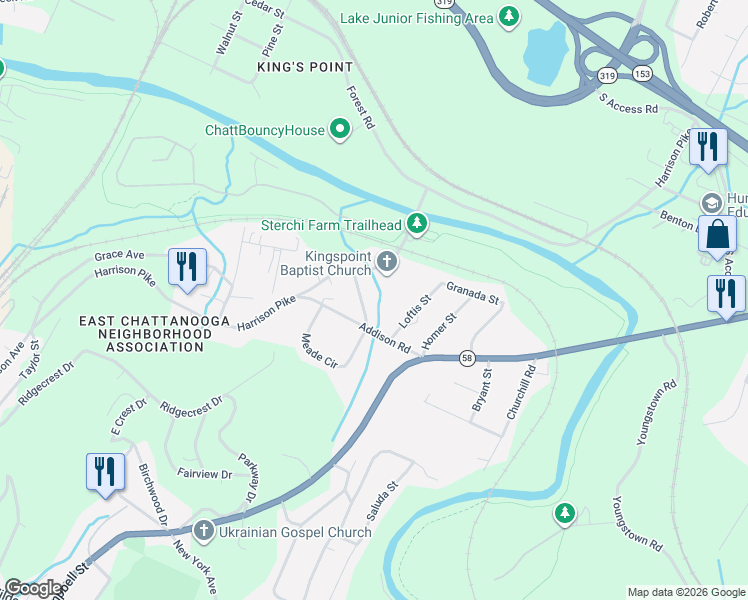 map of restaurants, bars, coffee shops, grocery stores, and more near 2834 Harrison Pike in Chattanooga