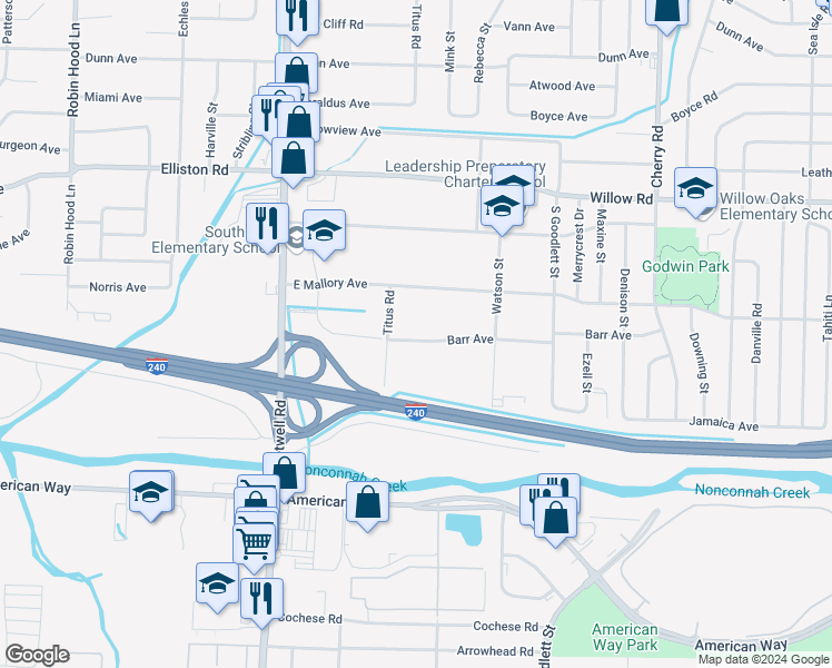 map of restaurants, bars, coffee shops, grocery stores, and more near 4068 Barr Avenue in Memphis