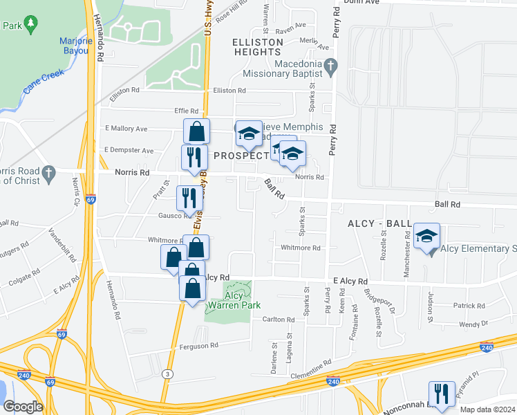 map of restaurants, bars, coffee shops, grocery stores, and more near 2318 Warren Street in Memphis