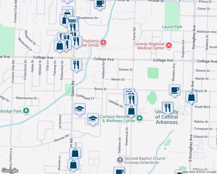 map of restaurants, bars, coffee shops, grocery stores, and more near 2619 Martin Street in Conway