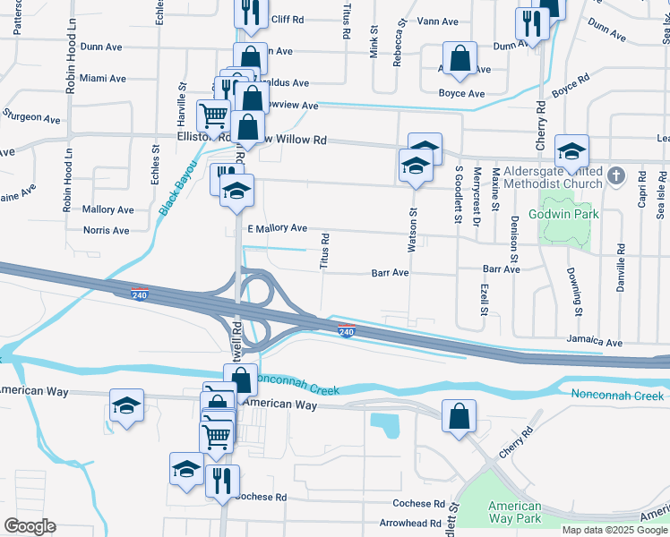 map of restaurants, bars, coffee shops, grocery stores, and more near 4068 Barr Avenue in Memphis