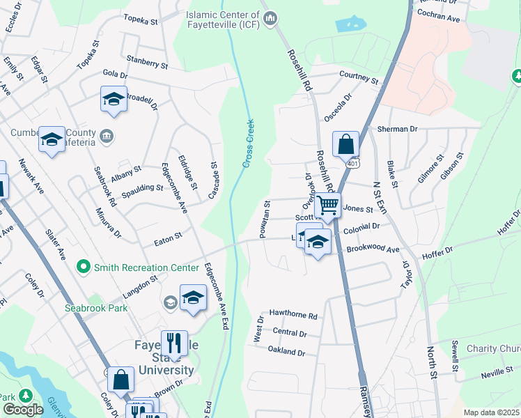 map of restaurants, bars, coffee shops, grocery stores, and more near 1815 Powatan Street in Fayetteville