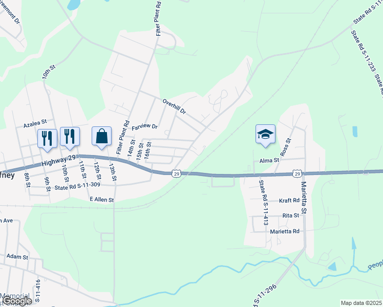 map of restaurants, bars, coffee shops, grocery stores, and more near 305 River Drive in Gaffney
