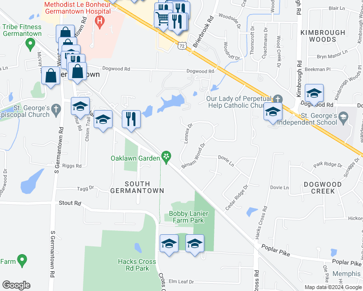 map of restaurants, bars, coffee shops, grocery stores, and more near 2471 Lennox Drive in Germantown