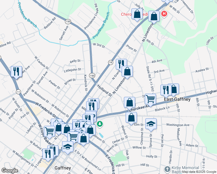 map of restaurants, bars, coffee shops, grocery stores, and more near 200 Bryant Street in Gaffney