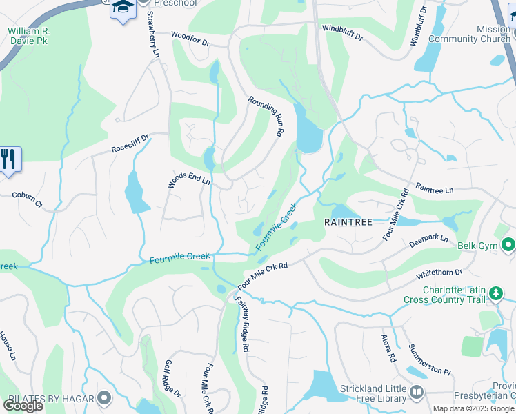 map of restaurants, bars, coffee shops, grocery stores, and more near 4111 Ivystone Court in Charlotte