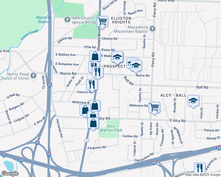 map of restaurants, bars, coffee shops, grocery stores, and more near 2317 East Warren Street in Memphis