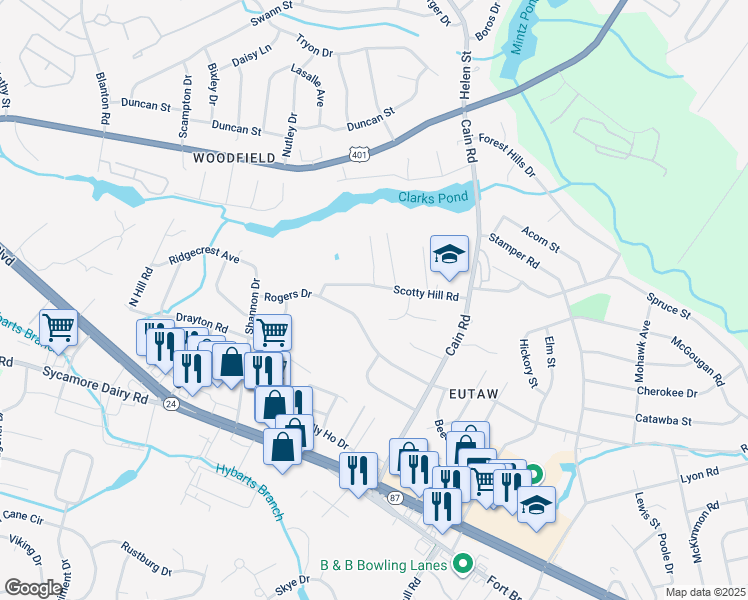 map of restaurants, bars, coffee shops, grocery stores, and more near 3321 Scotty Hill Road in Fayetteville