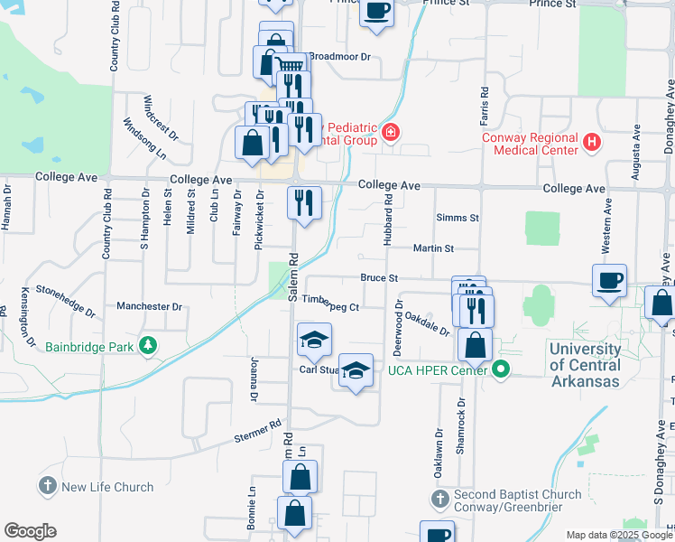 map of restaurants, bars, coffee shops, grocery stores, and more near 2895 Floyd Drive in Conway
