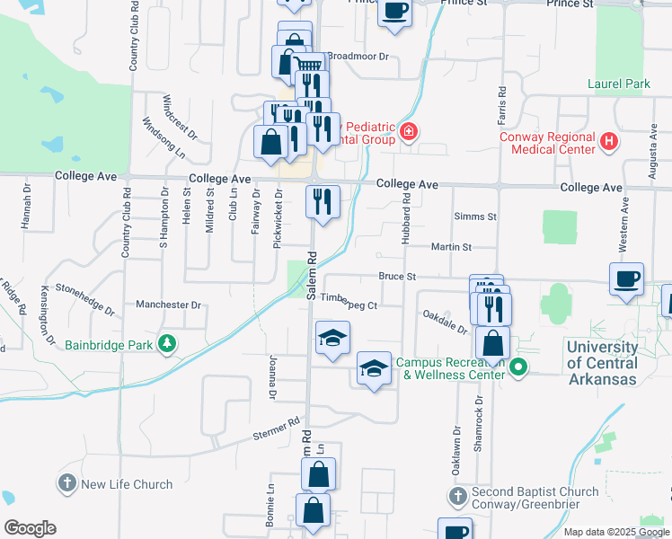 map of restaurants, bars, coffee shops, grocery stores, and more near 2804 Bruce Street in Conway