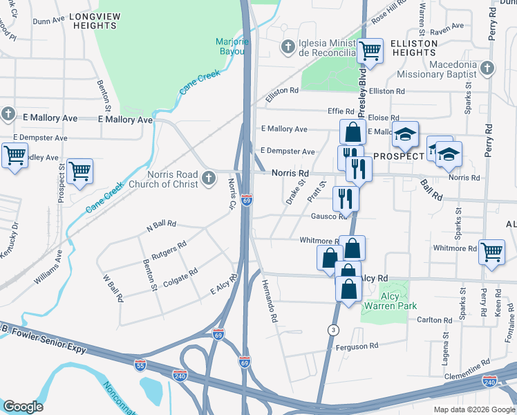 map of restaurants, bars, coffee shops, grocery stores, and more near 2326 Hernando Road in Memphis