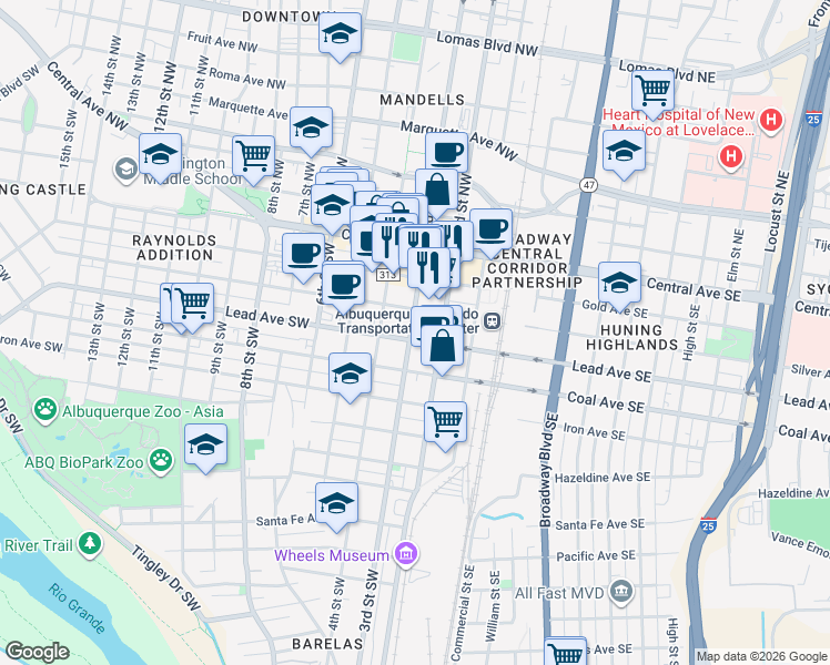 map of restaurants, bars, coffee shops, grocery stores, and more near 347 Platinum Street Southwest in Albuquerque