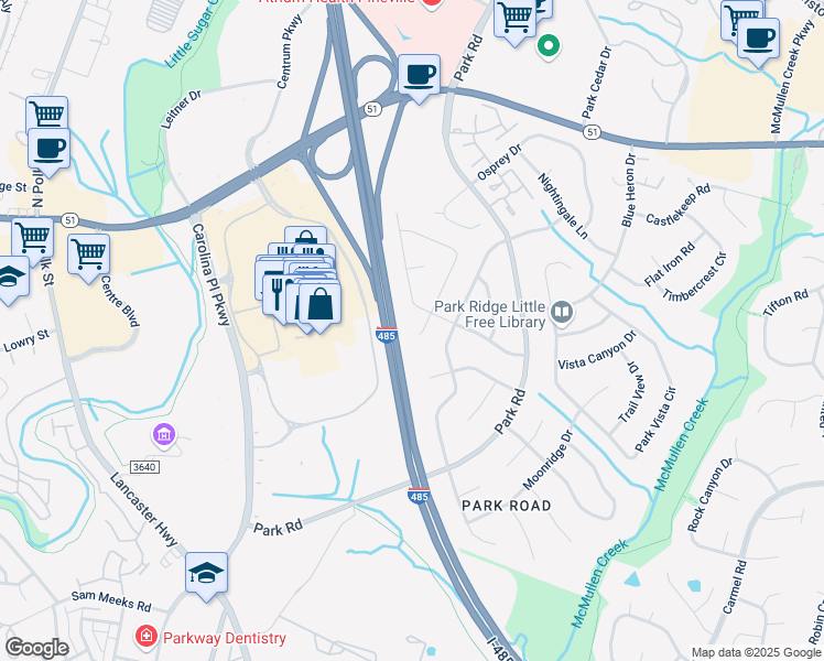 map of restaurants, bars, coffee shops, grocery stores, and more near 11022 Copperfield Drive in Pineville