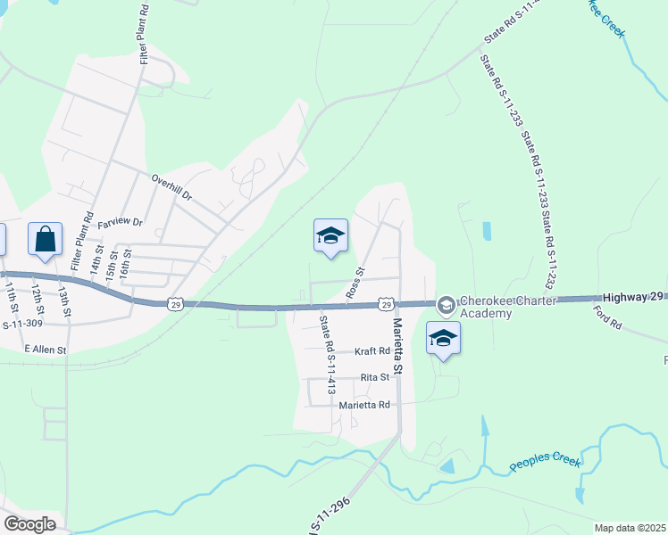 map of restaurants, bars, coffee shops, grocery stores, and more near 213 Alma Street in Gaffney