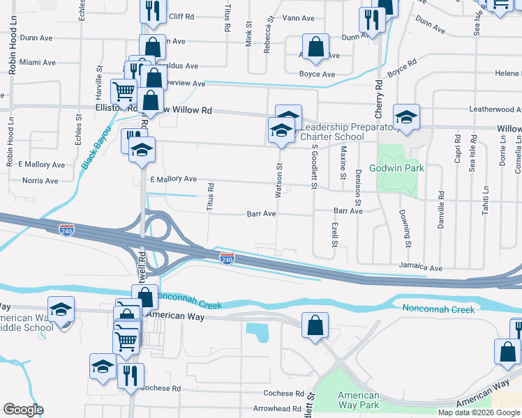 map of restaurants, bars, coffee shops, grocery stores, and more near 1821 Watson Street in Memphis