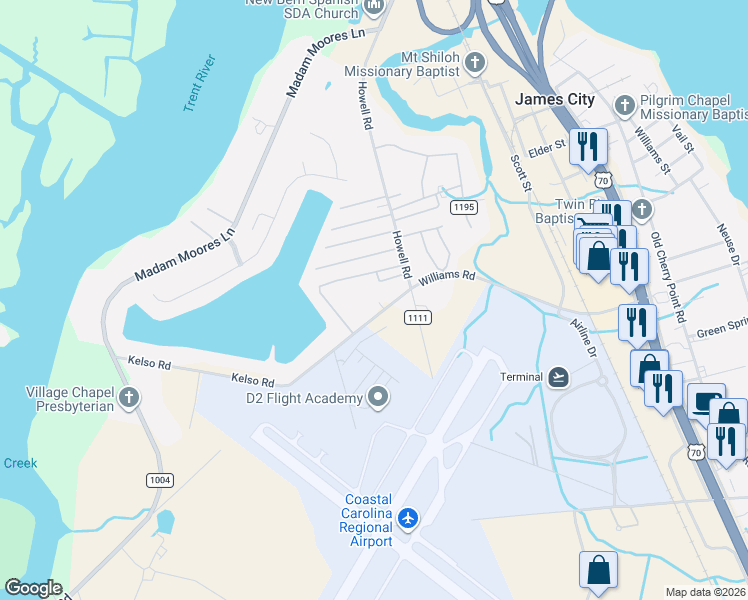 map of restaurants, bars, coffee shops, grocery stores, and more near 806 Williams Road in New Bern