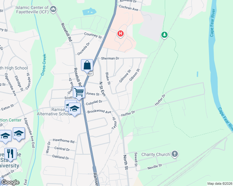 map of restaurants, bars, coffee shops, grocery stores, and more near 1705 Gilmore Street in Fayetteville