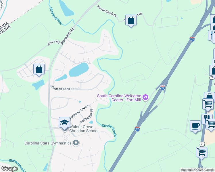 map of restaurants, bars, coffee shops, grocery stores, and more near 612 Landsdowne Court in Fort Mill