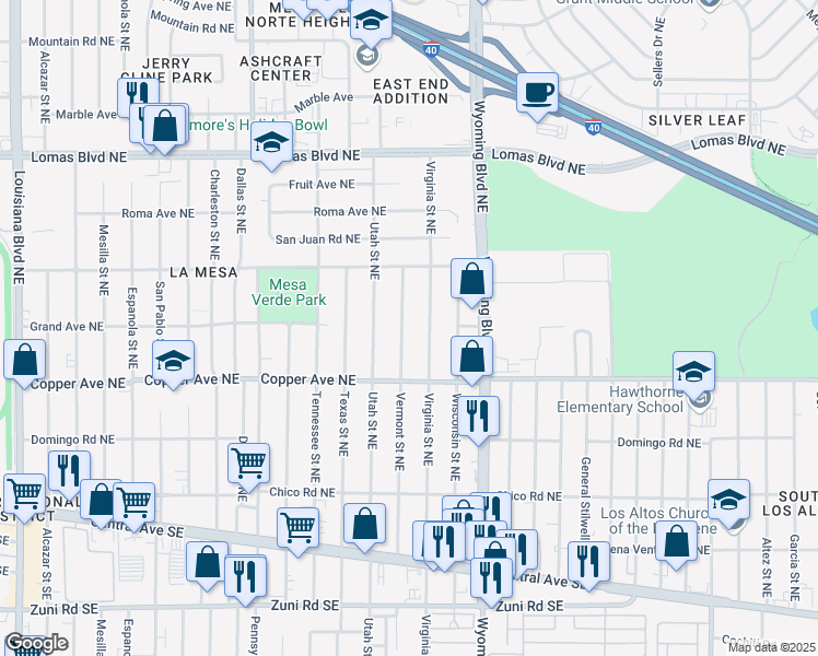 map of restaurants, bars, coffee shops, grocery stores, and more near 507 Vermont Street Northeast in Albuquerque