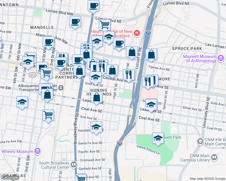 map of restaurants, bars, coffee shops, grocery stores, and more near 200 Walter Street Southeast in Albuquerque