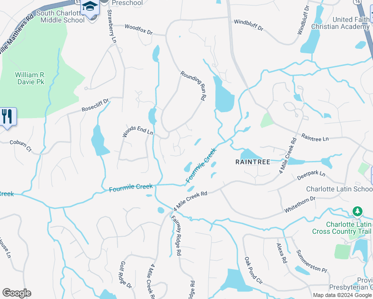 map of restaurants, bars, coffee shops, grocery stores, and more near 4039 Ivystone Court in Charlotte