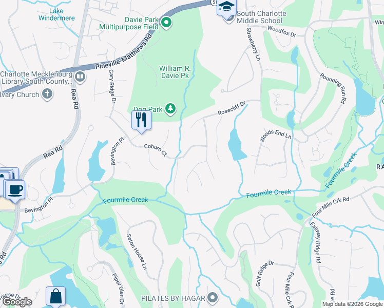 map of restaurants, bars, coffee shops, grocery stores, and more near 4605 Coburn Ct in Charlotte