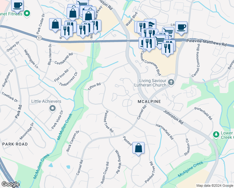 map of restaurants, bars, coffee shops, grocery stores, and more near 11030 Cedar View Road in Charlotte