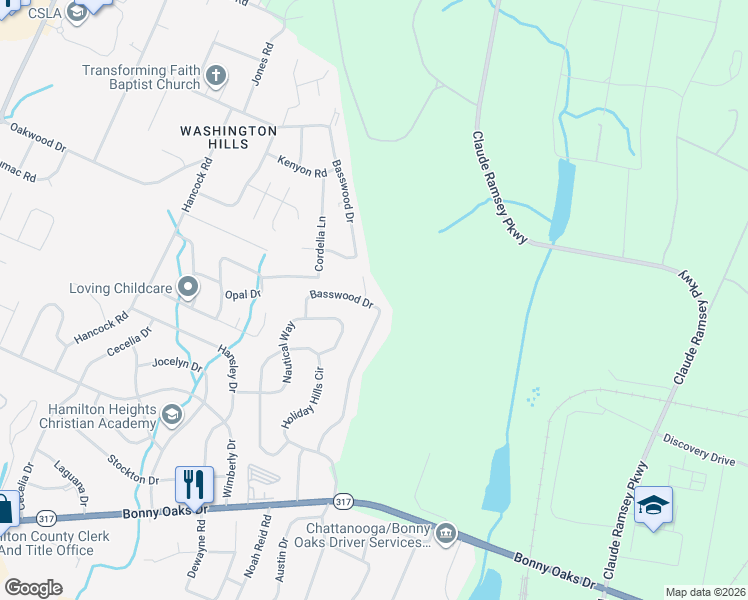 map of restaurants, bars, coffee shops, grocery stores, and more near 6409 Basswood Lane in Chattanooga