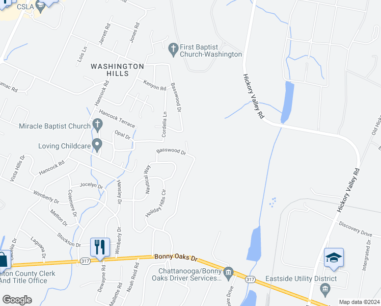 map of restaurants, bars, coffee shops, grocery stores, and more near 6409 Basswood Lane in Chattanooga