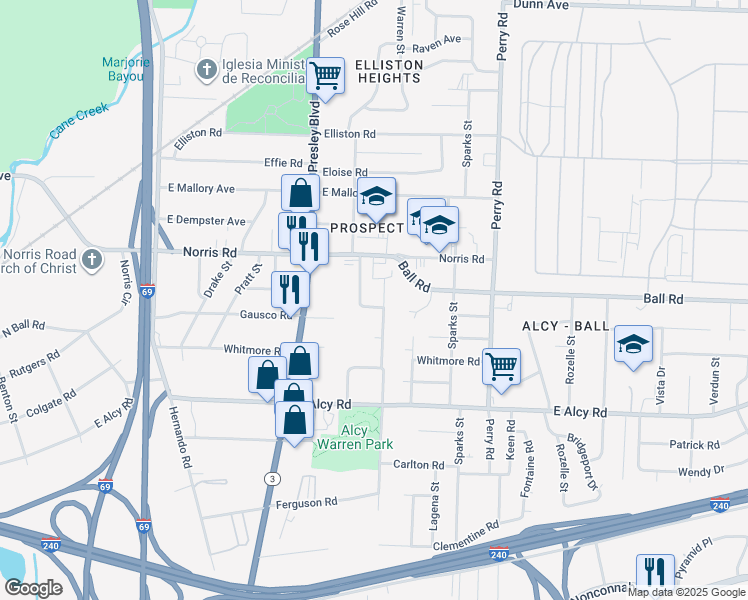 map of restaurants, bars, coffee shops, grocery stores, and more near 2317 East Warren Street in Memphis