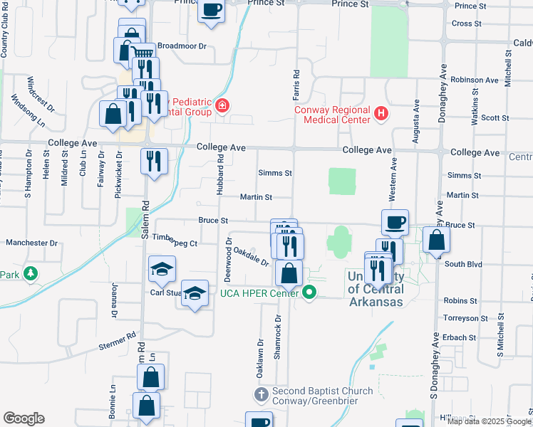 map of restaurants, bars, coffee shops, grocery stores, and more near 2515 Martin Street in Conway