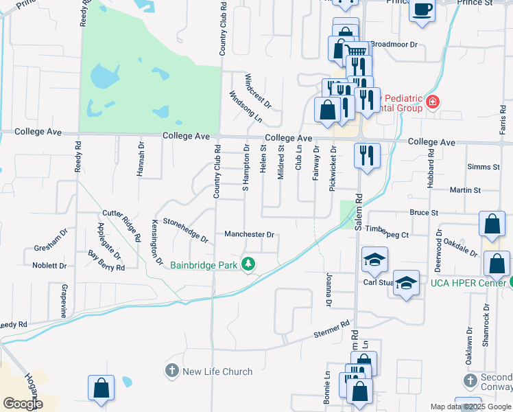 map of restaurants, bars, coffee shops, grocery stores, and more near 303 Helen Street in Conway