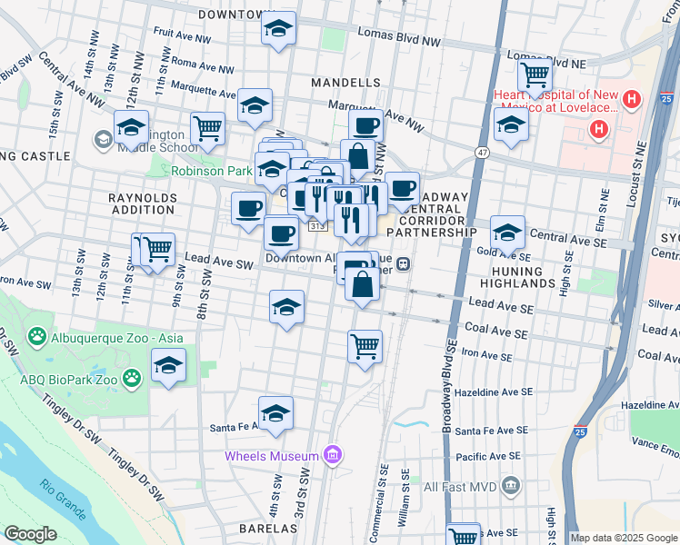map of restaurants, bars, coffee shops, grocery stores, and more near 343 Platinum Street Southwest in Albuquerque