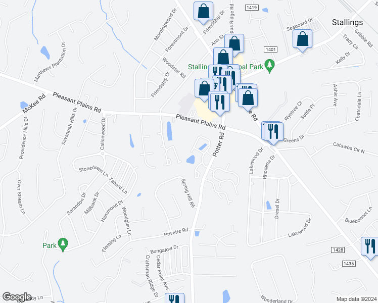 map of restaurants, bars, coffee shops, grocery stores, and more near 308 Azteca Drive in Matthews
