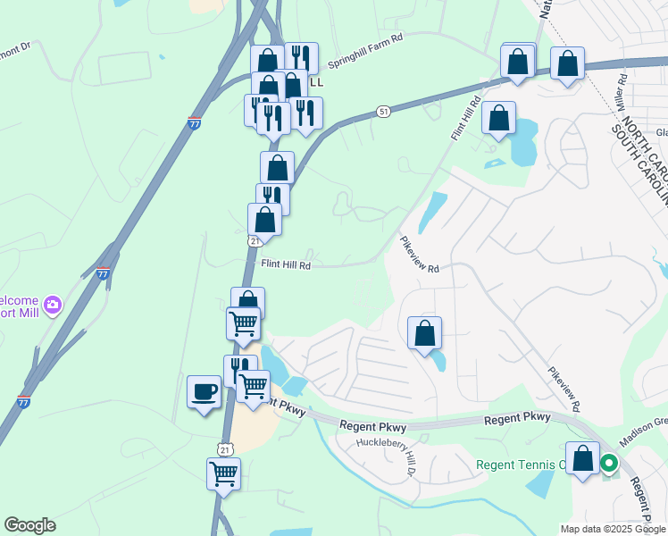 map of restaurants, bars, coffee shops, grocery stores, and more near 239 Flint Hill Road in Fort Mill