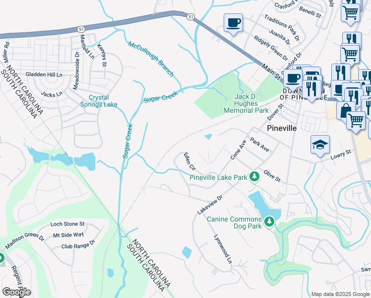 map of restaurants, bars, coffee shops, grocery stores, and more near 242 Eden Circle in Pineville